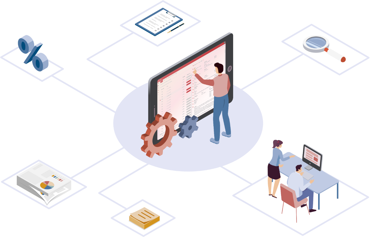 Isometrische Vektorillustration von Provisionsmanagement Features der FiANTEC Software