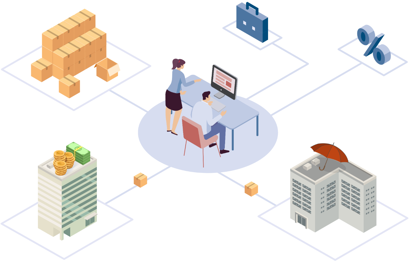 Isometrische Vektorillustration von Provisionsmanagement Features der FiANTEC Software