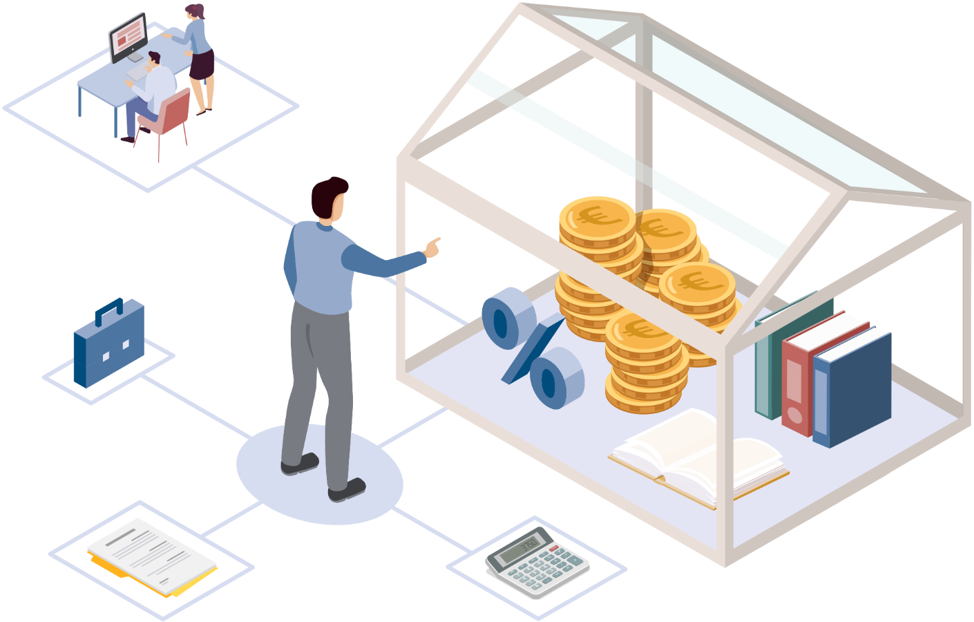 Isometrische Vektorillustration von Provisionsmanagement Features der FiANTEC Software