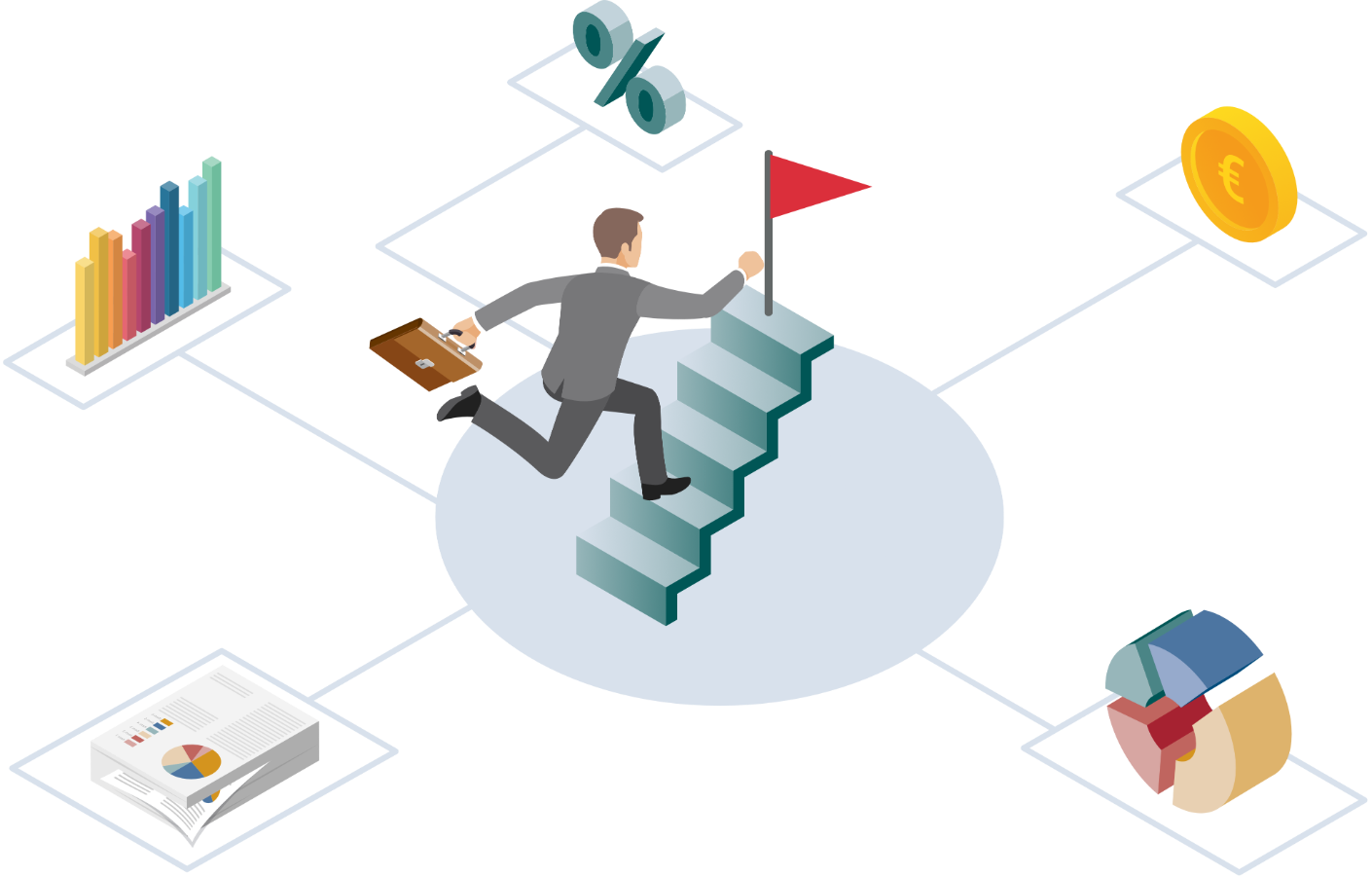 Isometrische Vektorillustration von Vertriebssteuerung Features der FiANTEC Software